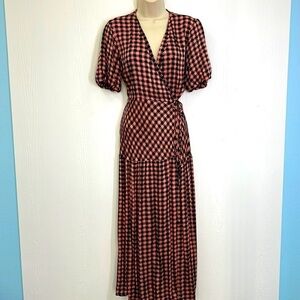 TopShop - Pink And Black Gingham Plaid Wrap Short Sleeve Maxi Dress Size 6